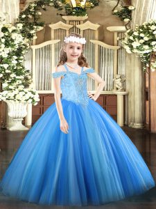 Sleeveless Floor Length Beading Lace Up Little Girls Pageant Gowns with Baby Blue