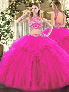 High-neck Sleeveless Backless Sweet 16 Dresses Fuchsia Tulle