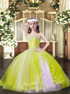 Yellow Lace Up Straps Beading Little Girls Pageant Gowns Tulle Sleeveless