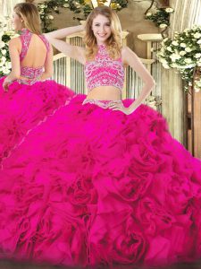 Modern Hot Pink Two Pieces Beading and Ruffles 15th Birthday Dress Backless Tulle Sleeveless Floor Length