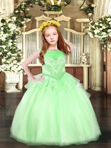 On Sale Sleeveless Organza Floor Length Zipper Kids Formal Wear in Apple Green with Beading