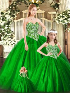 Green Sleeveless Tulle Lace Up Quince Ball Gowns for Military Ball and Sweet 16 and Quinceanera