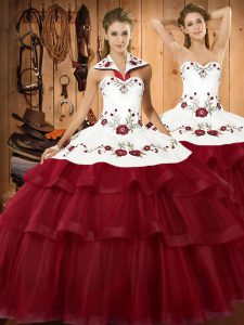 Wine Red Sleeveless Sweep Train Embroidery and Ruffled Layers Sweet 16 Quinceanera Dress