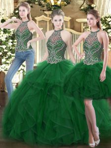 Dramatic Dark Green High-neck Lace Up Beading and Ruffles Quinceanera Gown Sleeveless