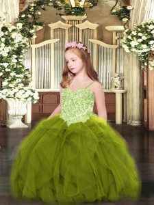 Wonderful Tulle Spaghetti Straps Sleeveless Lace Up Appliques and Ruffles Kids Formal Wear in Olive Green