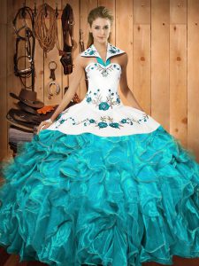 Satin and Organza Halter Top Sleeveless Lace Up Embroidery and Ruffles 15 Quinceanera Dress in Aqua Blue