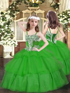 Green Sleeveless Appliques and Ruffled Layers Floor Length Pageant Dress for Teens