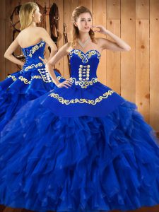 Exquisite Embroidery and Ruffles Quinceanera Gowns Blue Lace Up Sleeveless Floor Length