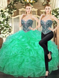 Graceful Turquoise Ball Gowns Beading and Ruffles Sweet 16 Quinceanera Dress Lace Up Tulle Sleeveless Floor Length