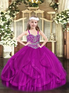 Fuchsia Straps Lace Up Beading and Ruffles Kids Pageant Dress Sleeveless