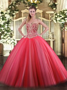Vintage Coral Red Tulle Lace Up Quinceanera Dresses Sleeveless Floor Length Beading