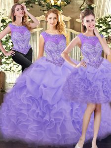 Glorious Sleeveless Organza Floor Length Zipper 15th Birthday Dress in Lavender with Beading and Ruffles