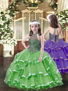 Superior Sleeveless Lace Up Floor Length Beading and Ruffled Layers Pageant Gowns For Girls