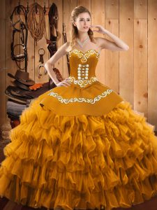 Sweetheart Sleeveless Satin and Organza Vestidos de Quinceanera Embroidery and Ruffled Layers Lace Up