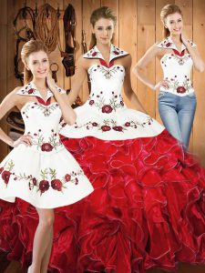 White And Red Sleeveless Satin and Organza Lace Up Quince Ball Gowns for Military Ball and Sweet 16 and Quinceanera