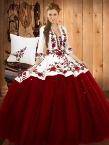 Dazzling Wine Red Sleeveless Satin and Tulle Lace Up Quinceanera Dresses for Military Ball and Sweet 16 and Quinceanera