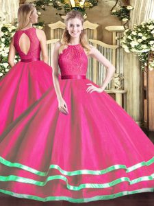 Cheap Scoop Sleeveless 15th Birthday Dress Floor Length Lace Hot Pink Tulle