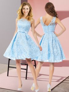 New Style Sleeveless Knee Length Bowknot Zipper Court Dresses for Sweet 16 with Aqua Blue