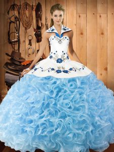 Attractive Baby Blue Fabric With Rolling Flowers Lace Up Quinceanera Dresses Sleeveless Floor Length Embroidery