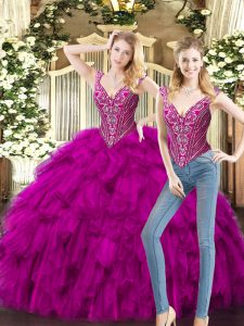 Beading and Ruffles Quinceanera Dress Fuchsia Lace Up Sleeveless Floor Length