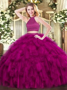 Latest Fuchsia Halter Top Neckline Beading and Ruffles Sweet 16 Quinceanera Dress Sleeveless Backless