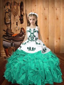 Super Embroidery and Ruffles Pageant Dress Turquoise Lace Up Sleeveless Floor Length