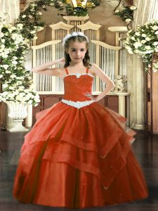 Rust Red Tulle Lace Up Straps Sleeveless Floor Length Pageant Dress for Womens Appliques and Ruffled Layers