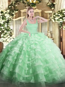 Modern Apple Green Quinceanera Dresses Military Ball and Sweet 16 and Quinceanera with Beading and Ruffled Layers Straps Sleeveless Zipper