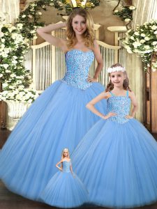 Unique Baby Blue Ball Gowns Beading Sweet 16 Dress Lace Up Tulle Sleeveless Floor Length