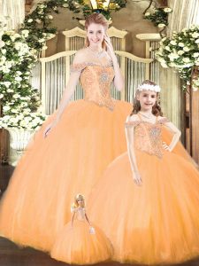 Beautiful Orange Ball Gowns Off The Shoulder Sleeveless Tulle Floor Length Lace Up Beading Sweet 16 Quinceanera Dress