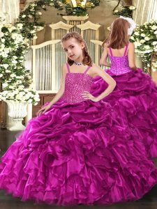 Floor Length Fuchsia Little Girls Pageant Dress Straps Sleeveless Lace Up