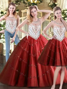 Floor Length Three Pieces Sleeveless Wine Red Ball Gown Prom Dress Zipper