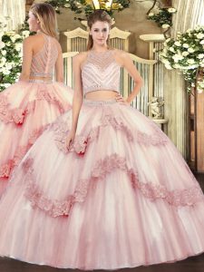 Tulle Scoop Sleeveless Zipper Beading and Appliques Sweet 16 Dresses in Baby Pink