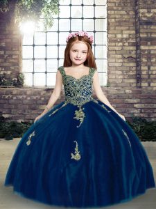 Blue Ball Gowns Appliques Girls Pageant Dresses Lace Up Tulle Sleeveless Floor Length