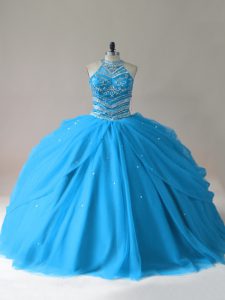 Superior Sleeveless Tulle Floor Length Lace Up Quinceanera Gowns in Baby Blue with Beading