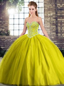 Fancy Olive Green Sweetheart Lace Up Beading Sweet 16 Quinceanera Dress Brush Train Sleeveless