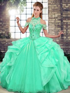 Eye-catching Halter Top Sleeveless Organza 15th Birthday Dress Beading and Ruffles Lace Up