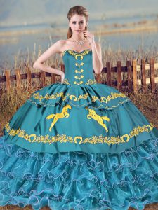 Trendy Blue Ball Gowns Sweetheart Sleeveless Satin and Organza Floor Length Brush Train Lace Up Embroidery and Ruffles Quinceanera Gown