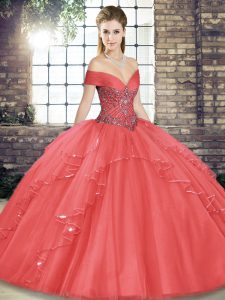 Floor Length Ball Gowns Sleeveless Watermelon Red Vestidos de Quinceanera Lace Up