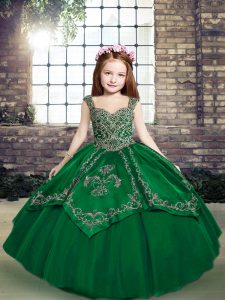 Dark Green Ball Gowns Tulle Straps Sleeveless Beading and Embroidery Floor Length Lace Up Kids Formal Wear
