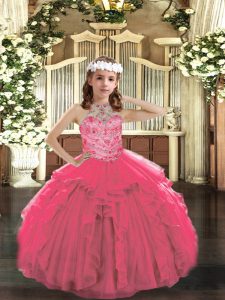 Hot Pink Lace Up Little Girls Pageant Dress Beading and Ruffles Sleeveless Floor Length