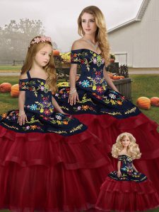 Wine Red Off The Shoulder Neckline Embroidery and Ruffled Layers Quinceanera Gown Sleeveless Lace Up