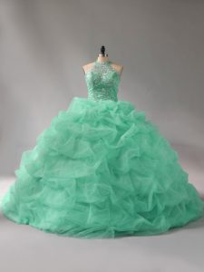 Lace Up Sweet 16 Dresses Apple Green for Sweet 16 and Quinceanera with Beading and Pick Ups Court Train