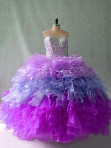 Inexpensive Beading and Ruffles 15th Birthday Dress Multi-color Lace Up Sleeveless Floor Length