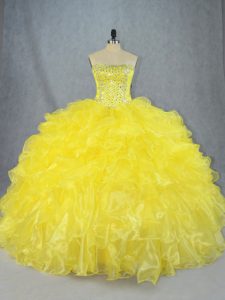 Organza Strapless Sleeveless Lace Up Beading and Ruffles Sweet 16 Quinceanera Dress in Yellow
