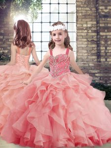 Top Selling Ball Gowns Little Girl Pageant Gowns Watermelon Red Straps Tulle Sleeveless Floor Length Lace Up