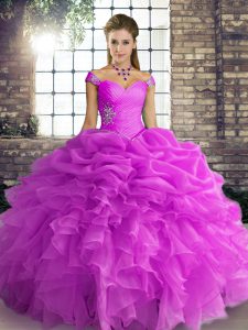 Sexy Lilac Ball Gowns Off The Shoulder Sleeveless Organza Floor Length Lace Up Beading and Ruffles and Pick Ups Ball Gown Prom Dress
