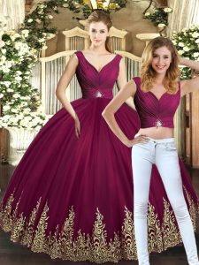 Suitable Burgundy 15th Birthday Dress Military Ball and Sweet 16 and Quinceanera with Beading and Appliques V-neck Sleeveless Backless