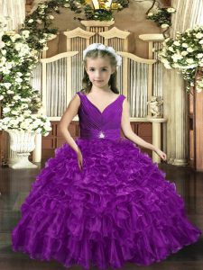 Gorgeous Ball Gowns Little Girls Pageant Dress Wholesale Eggplant Purple V-neck Organza Sleeveless Floor Length Backless