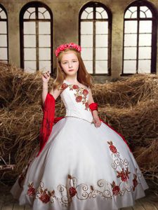 Fashion White Kids Pageant Dress Wedding Party with Embroidery Off The Shoulder Sleeveless Lace Up